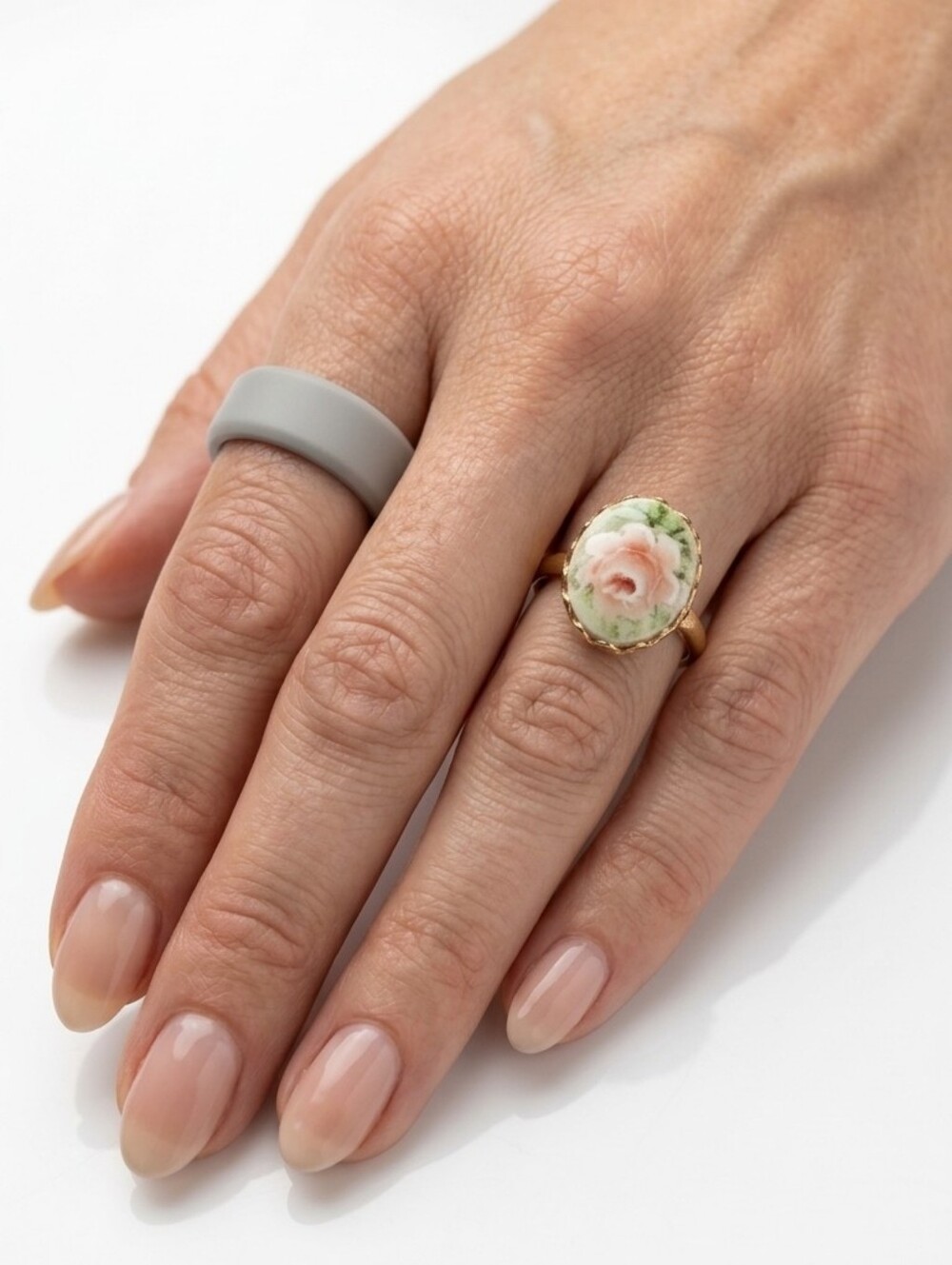 Vintage Hand-Painted Porcelain Rose Adjustable Ring